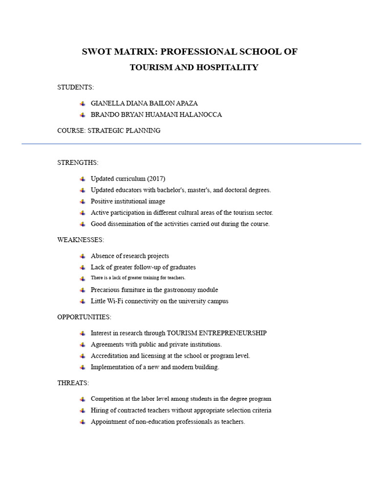 Swot Matrix of The Tourism and Hotel Management Program | PDF | Swot ...
