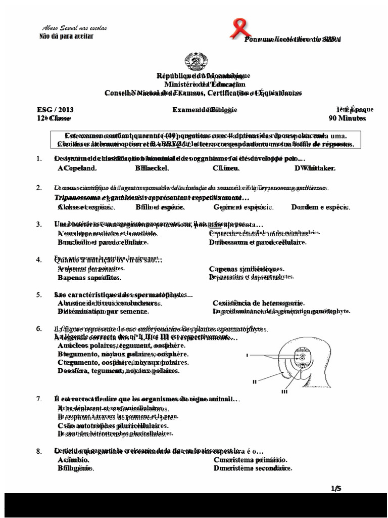 Examen de Biologie 12e Classe Mozambique | PDF | Cellule (Biologie ...