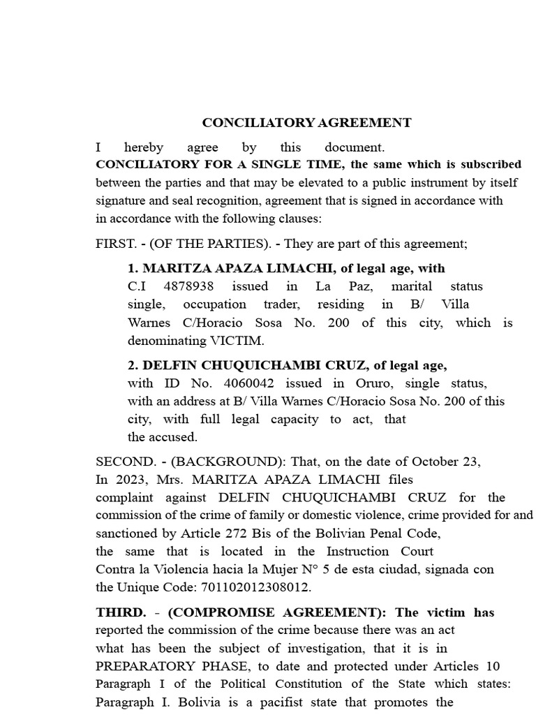 Conciliatory Agreement for Domestic Violence Cases | PDF | Crimes ...