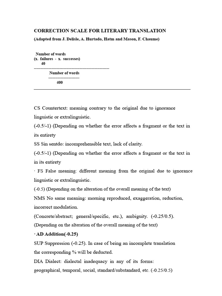Literary Translation Correction Scale | PDF | Lexicon | Grammar
