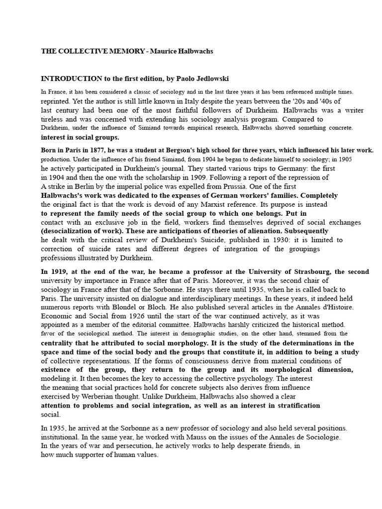 Understanding Collective Memory by Halbwachs | PDF | Thought | Memory