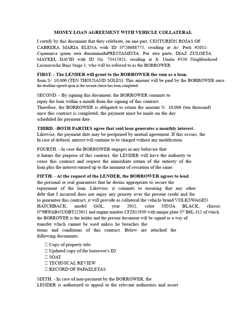 Vehicle-Backed Loan Agreement | PDF | Loans | Interest