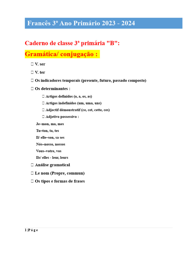 Gramática e Exercícios de Francês 3º Ano | PDF | Adjetivo | Famílias ...