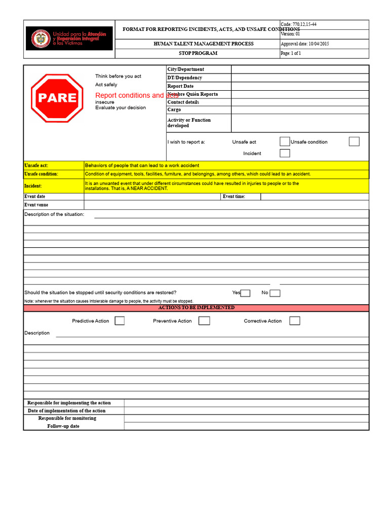 Incident Report Unsafe Acts and Conditions V1 | PDF | Accidents | Safety
