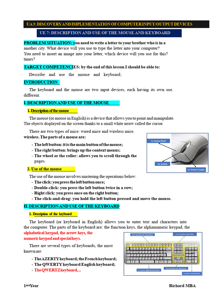 DESCRIPTION AND USE OF THE MOUSE AND KEYBOARD 6th GRADE | PDF