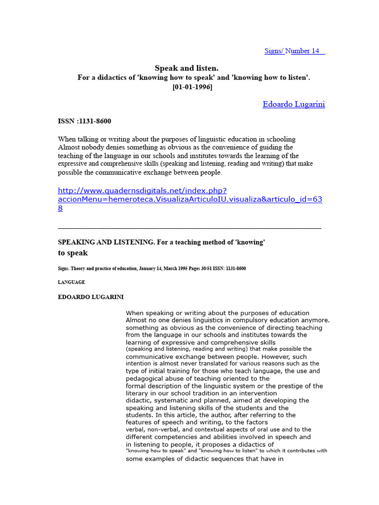 Didactics of Speaking and Listening Skills | PDF | Communication ...
