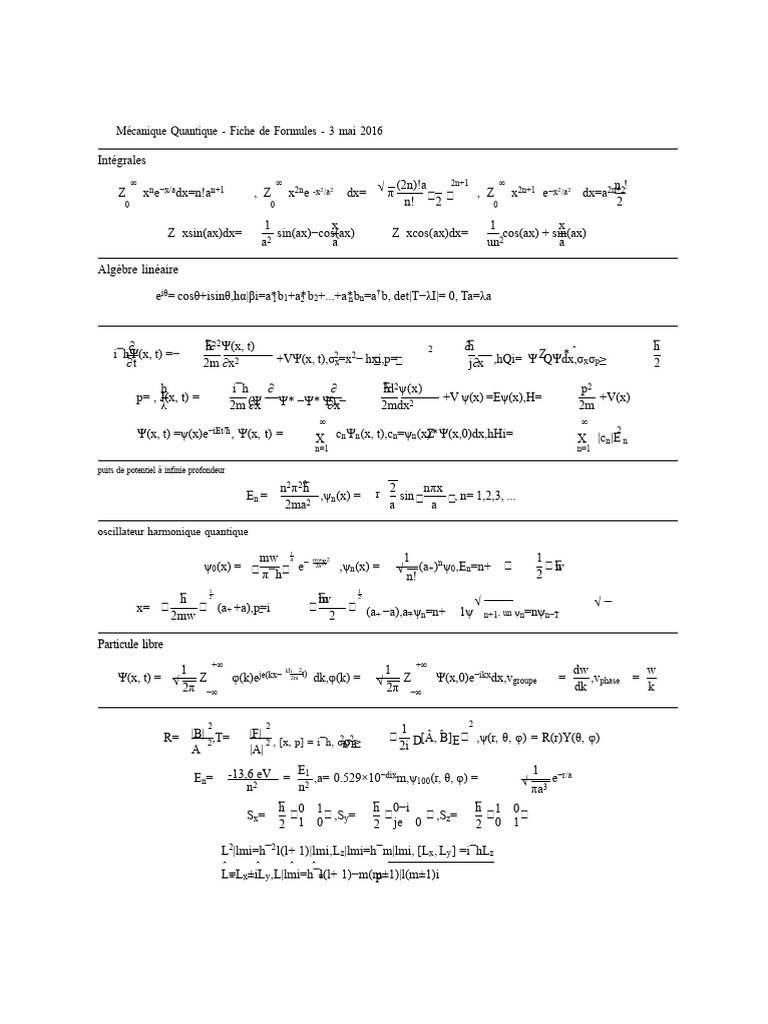 Formules de Mécanique Quantique | PDF | Mécanique quantique | Physique ...