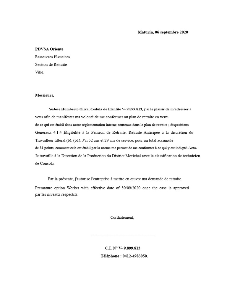 Demande de Retraite Anticipée PDVSA | PDF