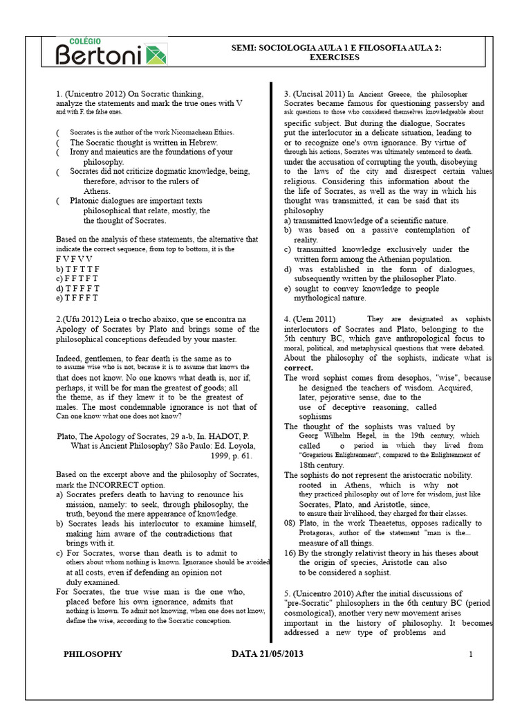 New Vestibular Exercises Sociology and Philosophy Socrates and The ...