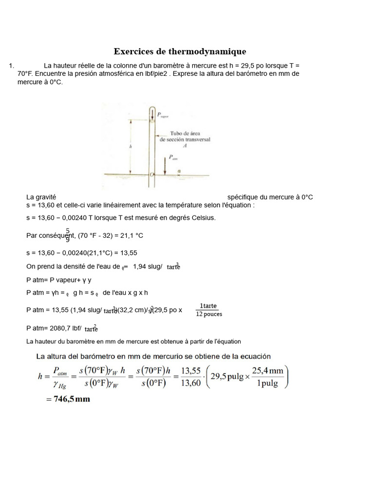 Exercices pratiques en thermodynamique | PDF | mesure de pression ...