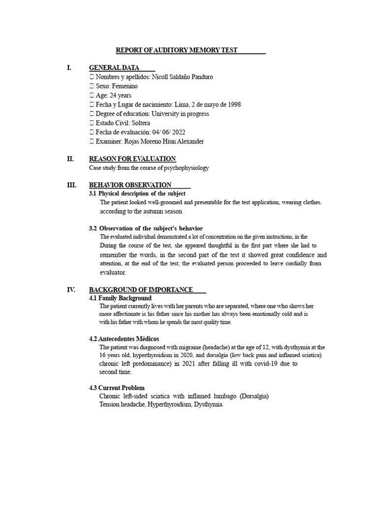 Rey Auditory Memory Test Report | PDF | Memory | Recall (Memory)