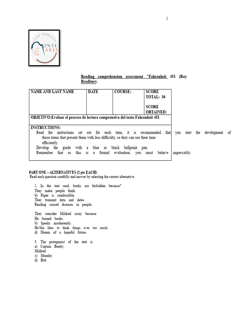 Fahrenheit 451 Reading Assessment Guide | PDF
