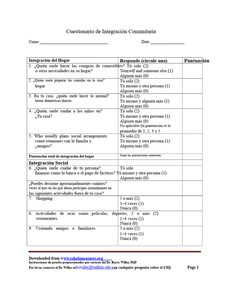 Cuestionario de Integración Comunitaria | PDF