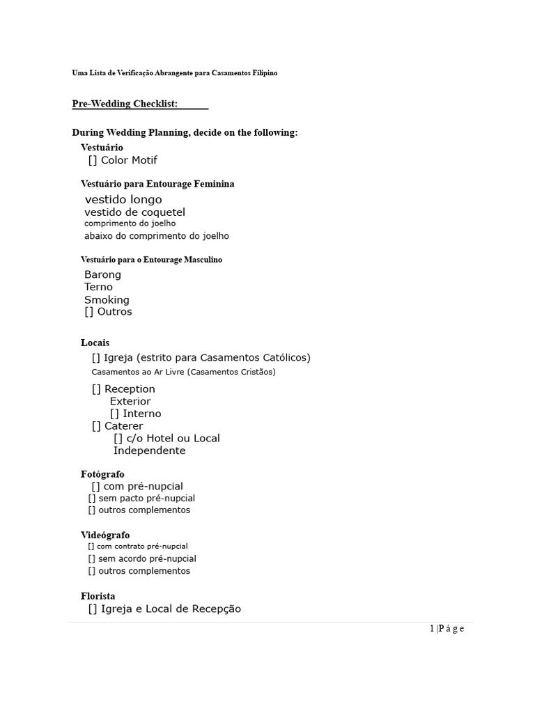 Checklist Completo para Casamentos Filipino | PDF