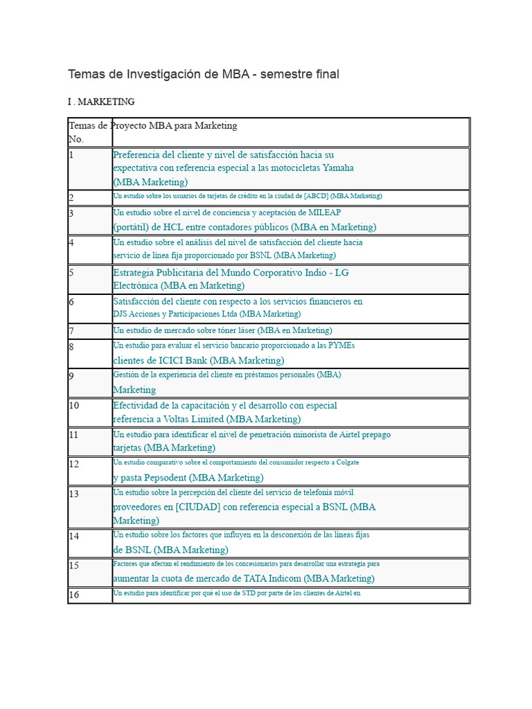 Temas de Proyecto MBA en Marketing | PDF | Gestión de recursos humanos ...