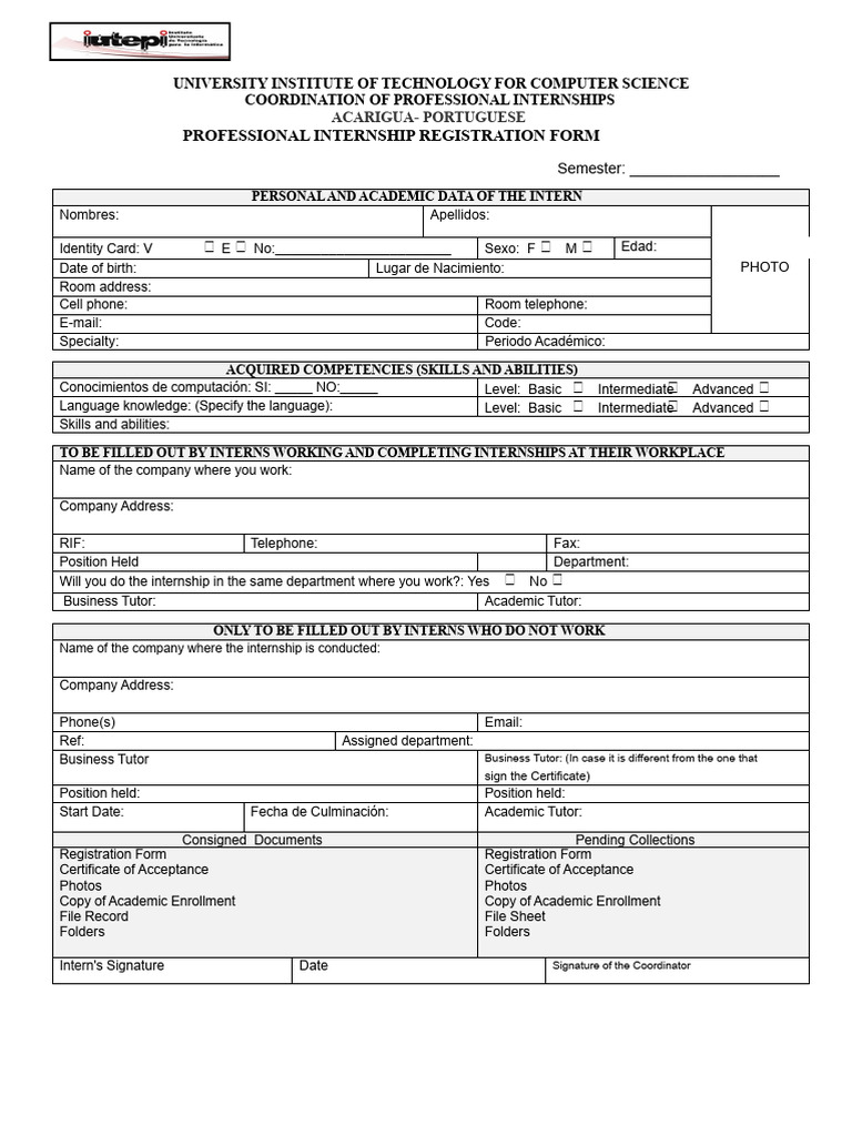Internship Registration Form for IUTEPI | PDF