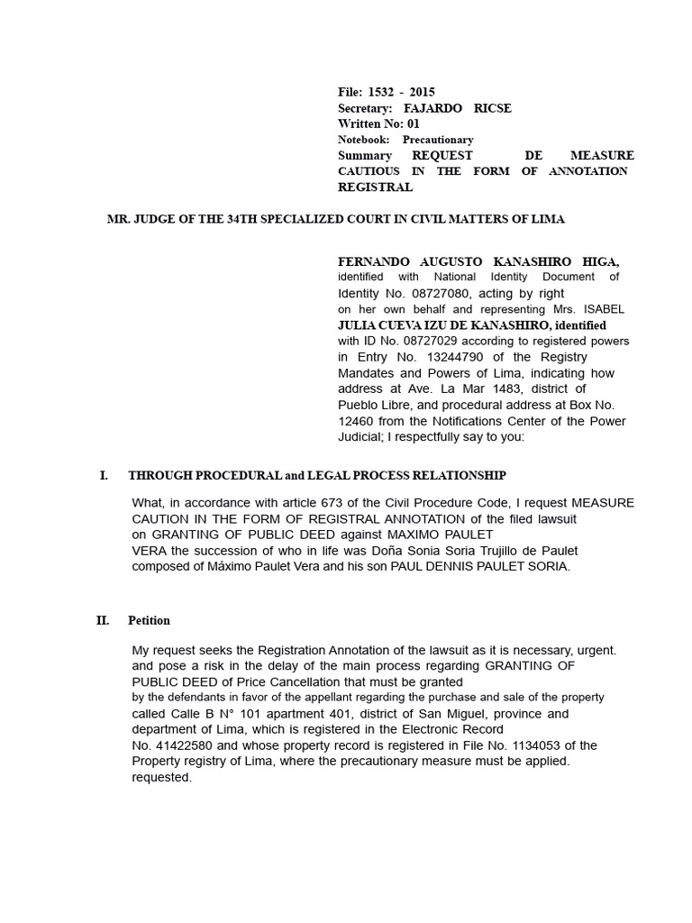 Cautionary Measure Request for Property | PDF | Lawsuit | Justice