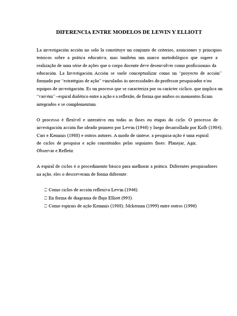 Modelos de Pesquisa-Ação: Lewin vs Elliott | PDF | Pedagogia | Pesquisa ...