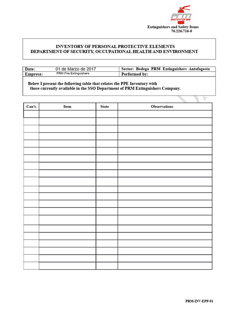 EPP Inventory Format - PRM Fire Extinguishers | PDF