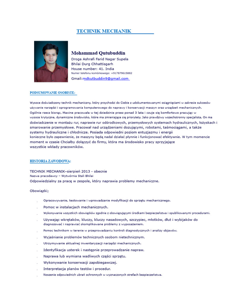 CV Technika Mechanicznego - Qutubuddin | PDF