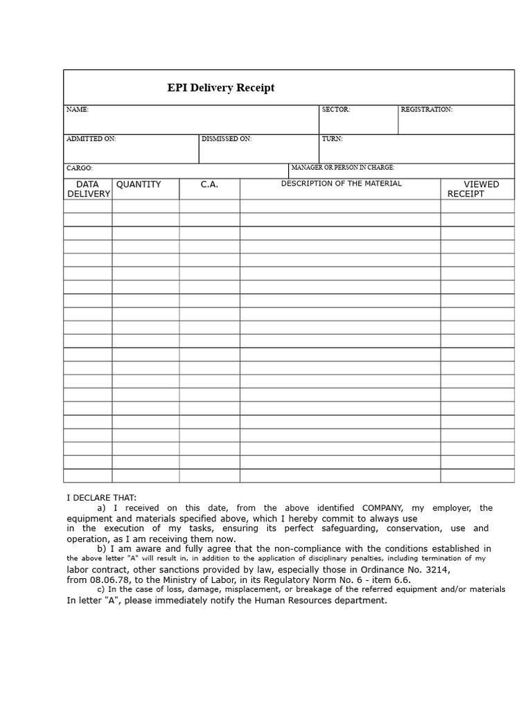 EPI Delivery Receipt Template | PDF