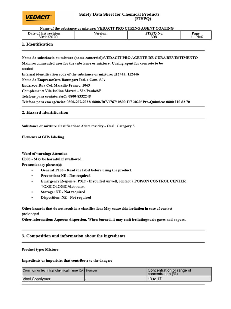 VEDACIT PRO Curing Agent Safety Data Sheet | PDF | Toxicity | Firefighting