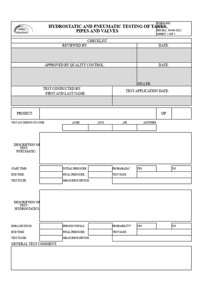 Tank and Pipe Testing Checklist | PDF