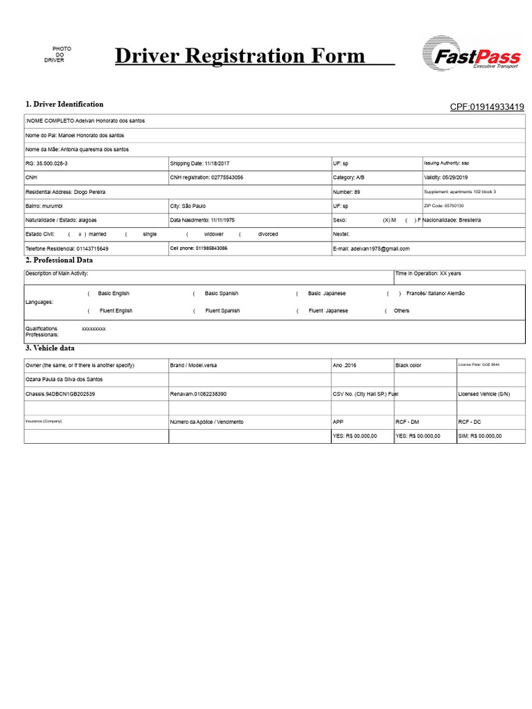 Executive Driver Registration Form | PDF | Transport | Vehicles