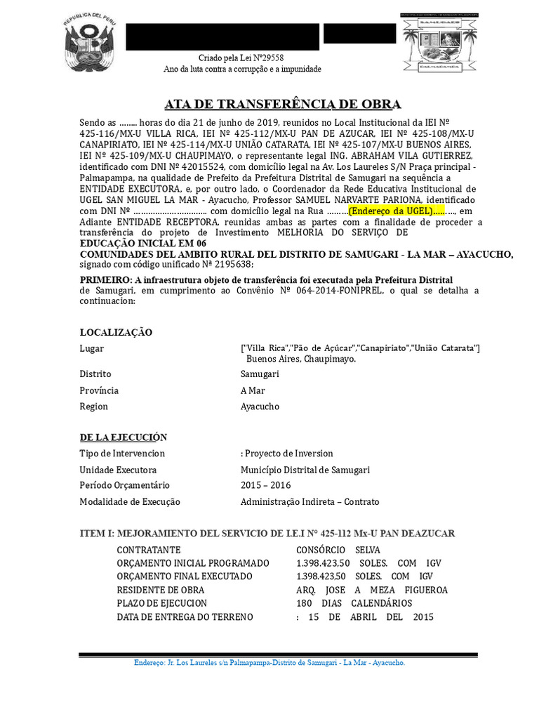 Projeto Ata de Transferência UGEL La Mar. saMUGARI | PDF | Materiais