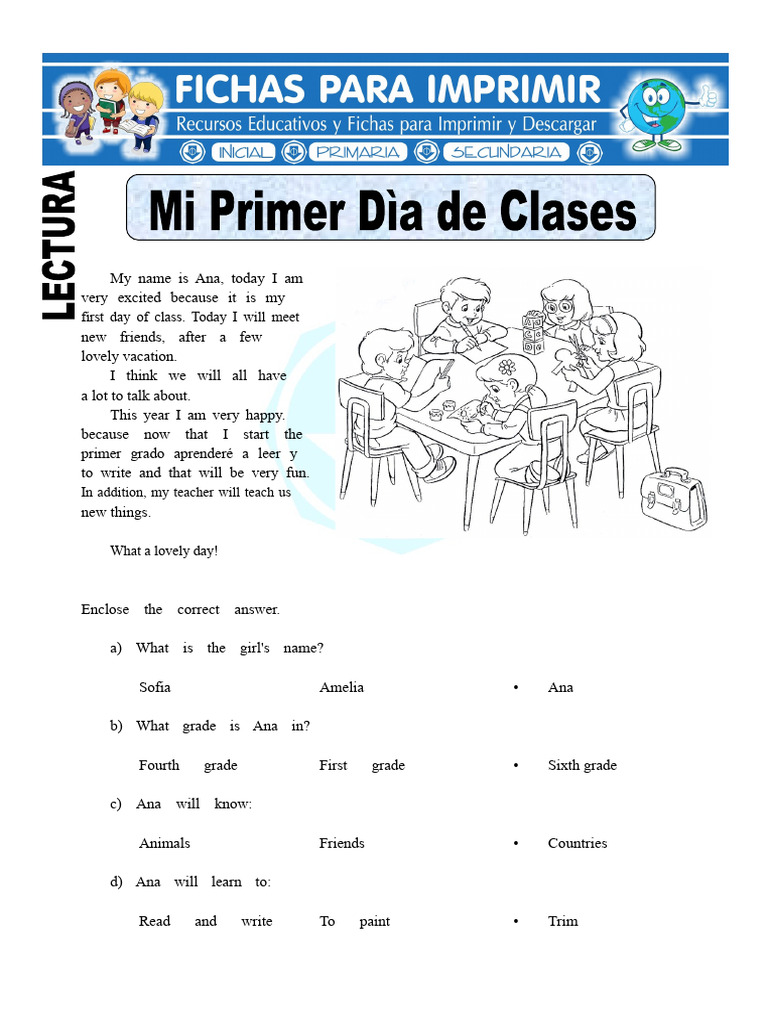 My First Day of Class Worksheet For Primary School | PDF