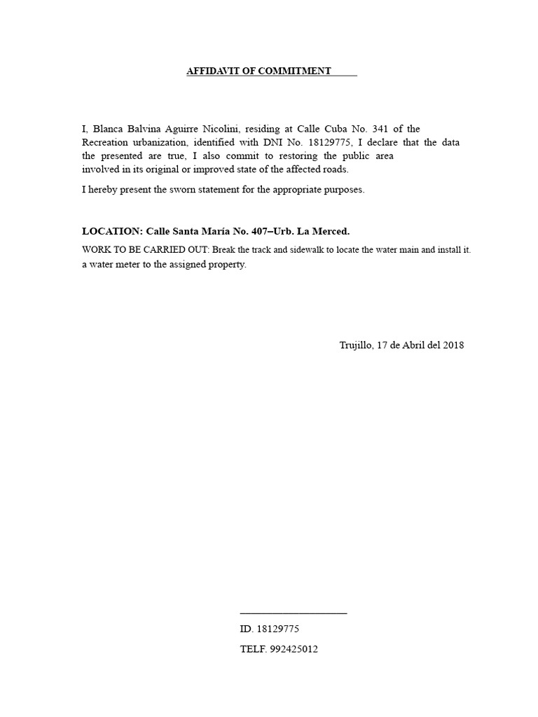 Affidavit of Commitment for Public Restoration | PDF