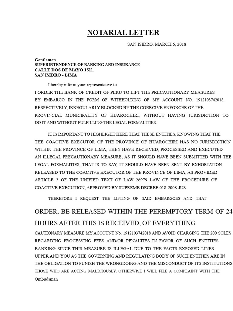 NOTARIAL LETTER Money Retention | PDF | Government | Justice