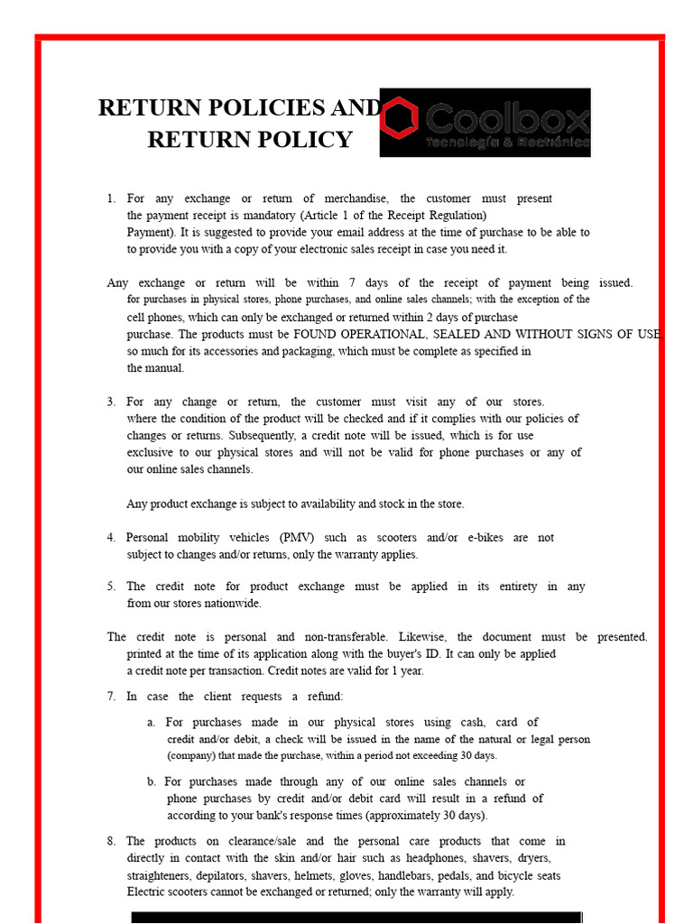 Coolbox v-7 Change and Return Policies | PDF | Receipt | Debit Card