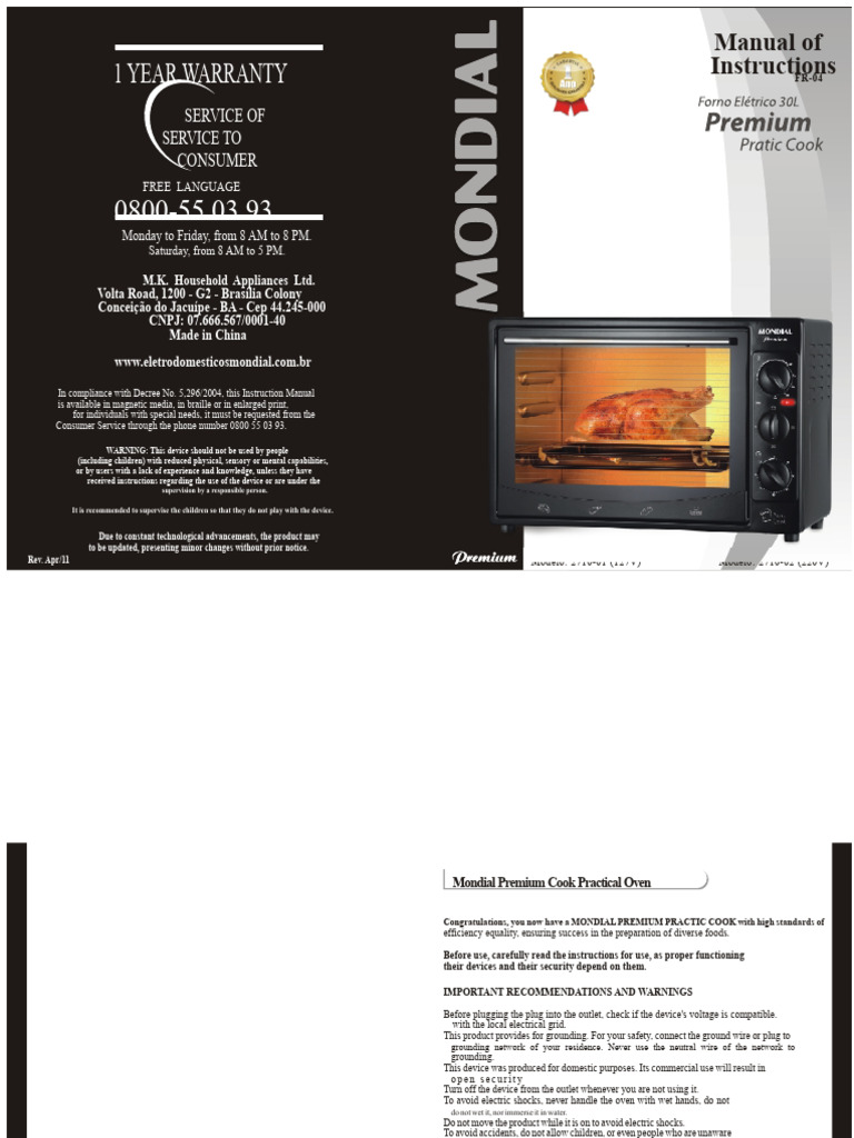 Mondial Premium Cook Oven Manual | PDF | Electrical Connector | Grilling