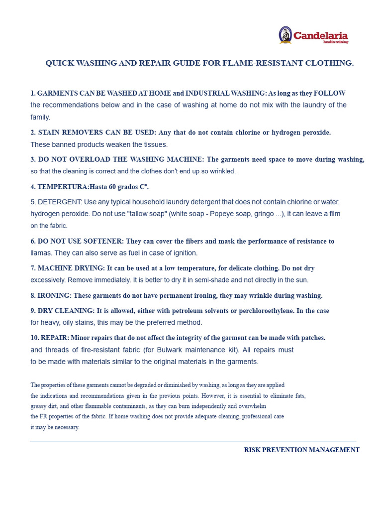 QUICK SHEET FOR WASHING AND REPAIR OF FLAME-RESISTANT CLOTHING.pdf | PDF