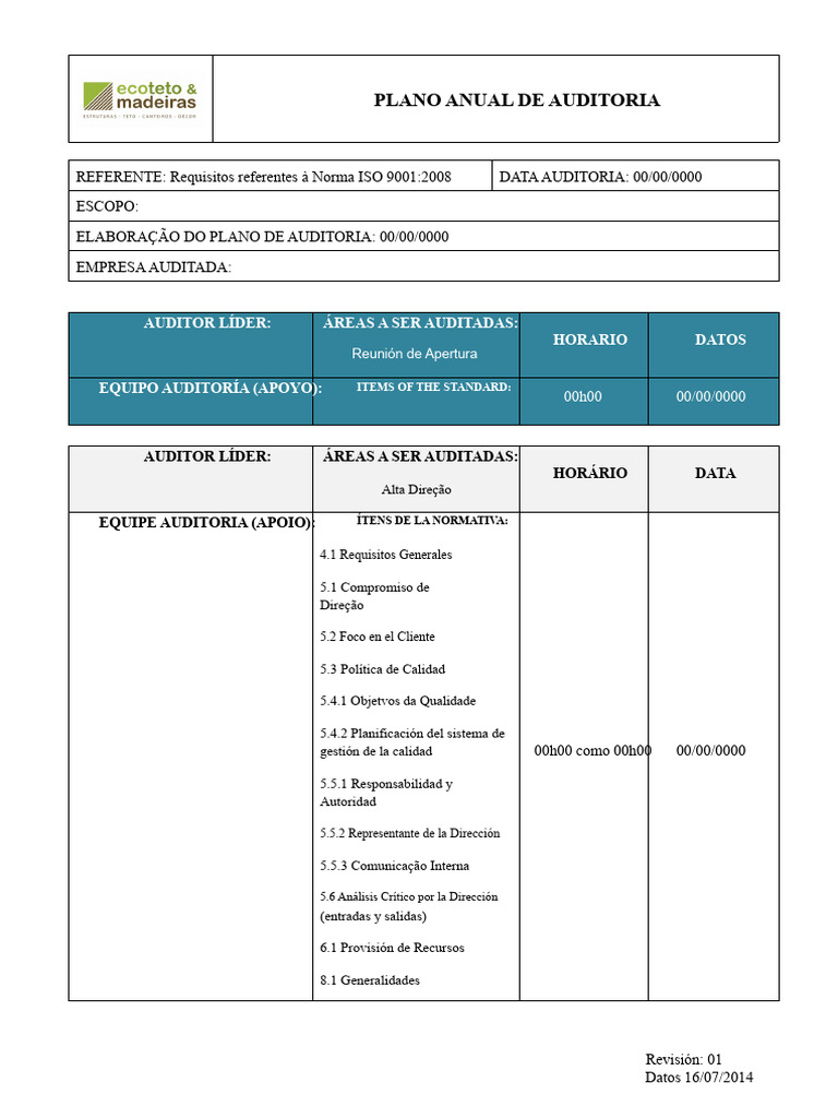 Plan Anual de Auditoría ISO 9001:2008 | PDF | Auditoría | Sistema de ...
