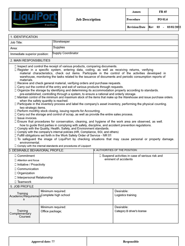 Storekeeper Job Description and Duties | PDF | Warehouse | Inventory