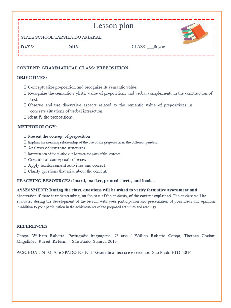 Lesson Plan Grammatical Class Preposition | PDF