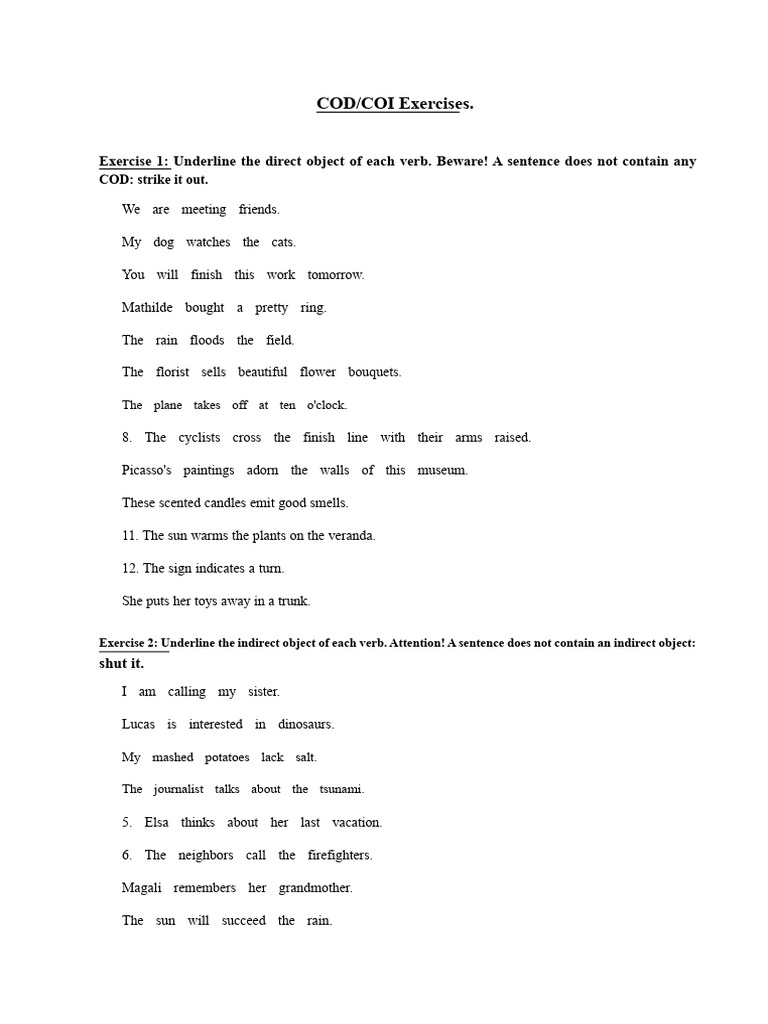 COD/COI Grammar Exercises Guide | PDF