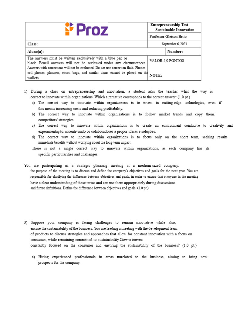 Entrepreneurship and Innovation Test Guide | PDF | Sustainability ...