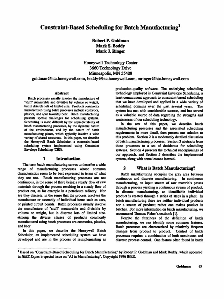 Constraint-Based Scheduling in Batch Manufacturing | PDF | Chemical ...