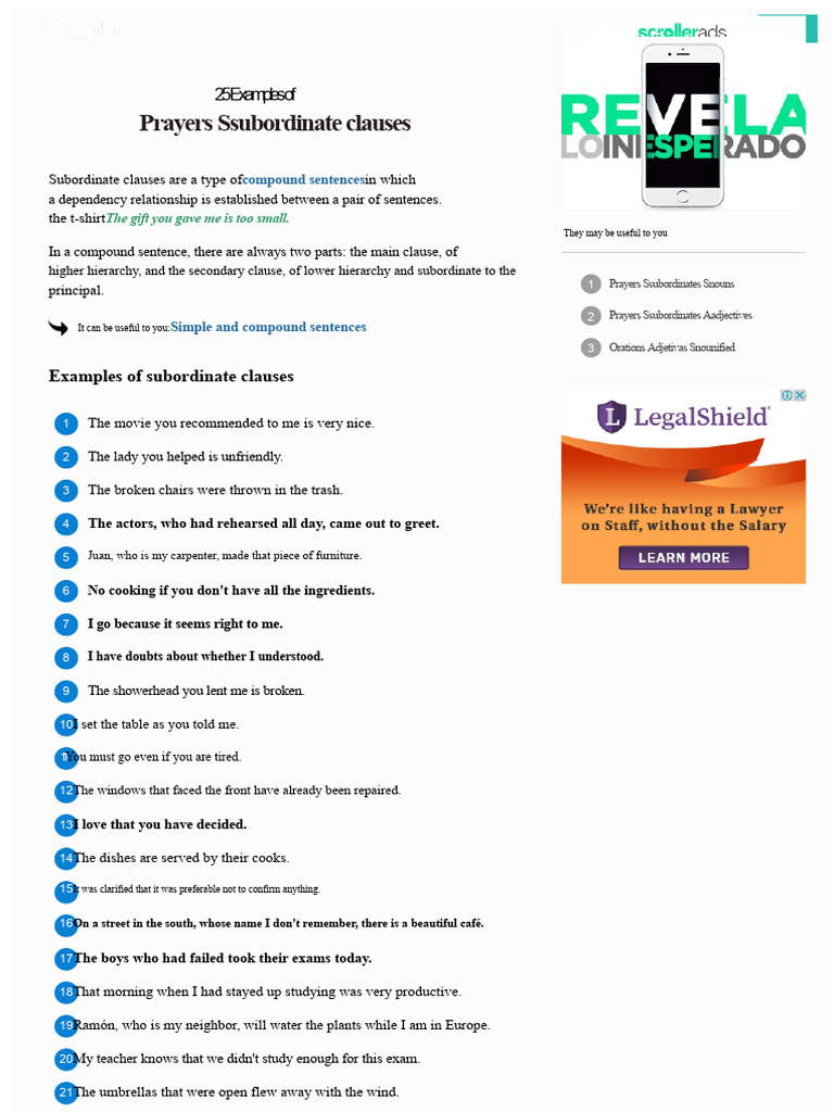 Examples of Subordinate Clauses | PDF | Adjective | Clause