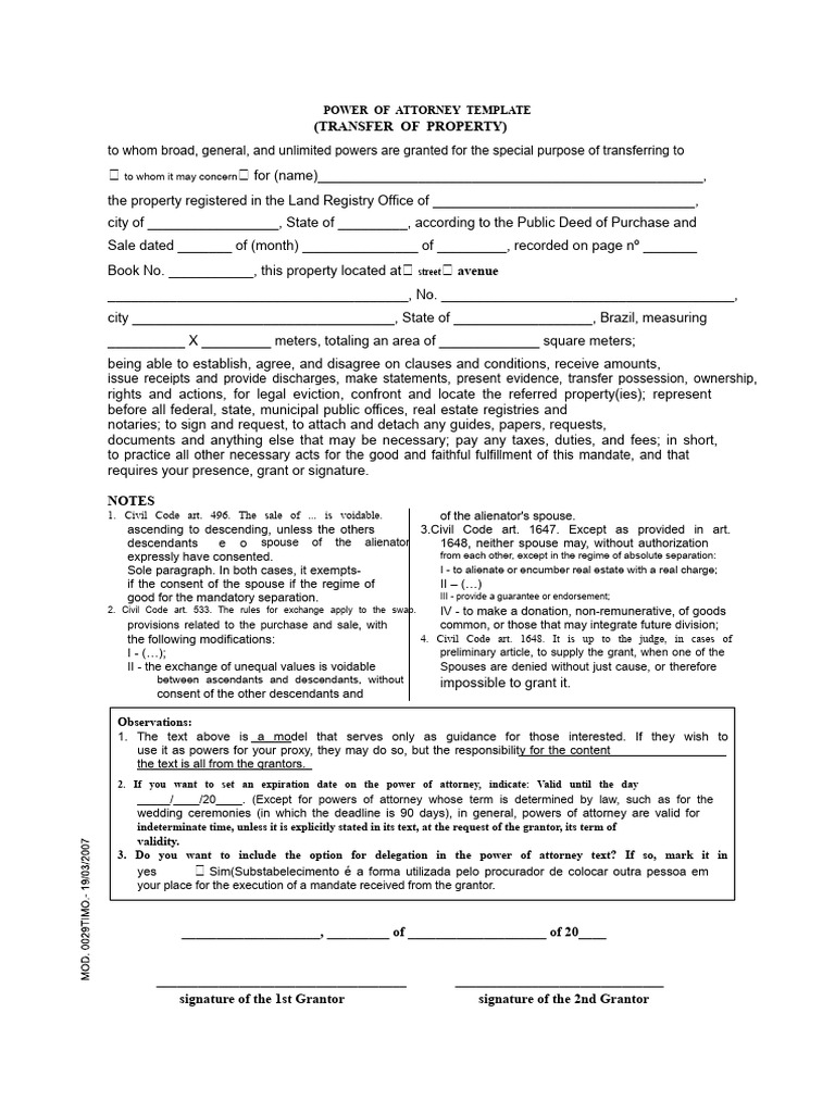 Property Transfer Power of Attorney Template | PDF | Power Of Attorney ...