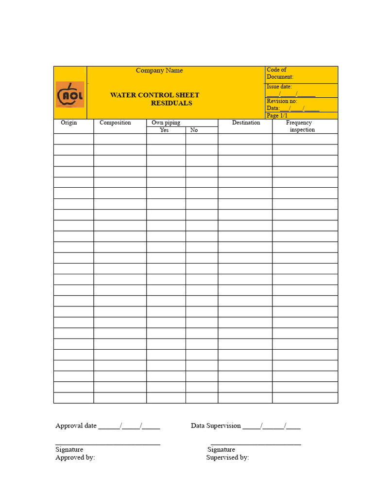 Water Control Sheet for Residuals | PDF