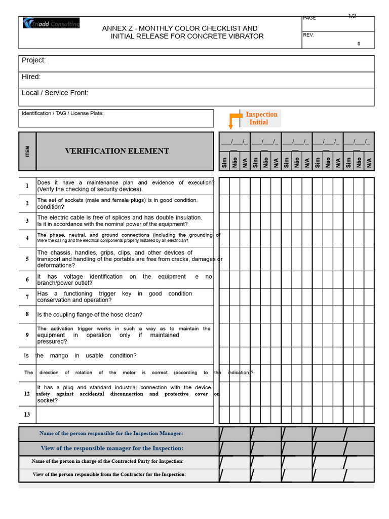 Monthly Concrete Vibrator Inspection Checklist | PDF | Electrical ...