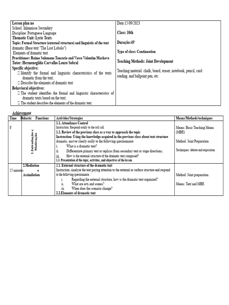 10th Grade Portuguese Lesson Plan: Dramatic Texts | PDF | Linguistics ...