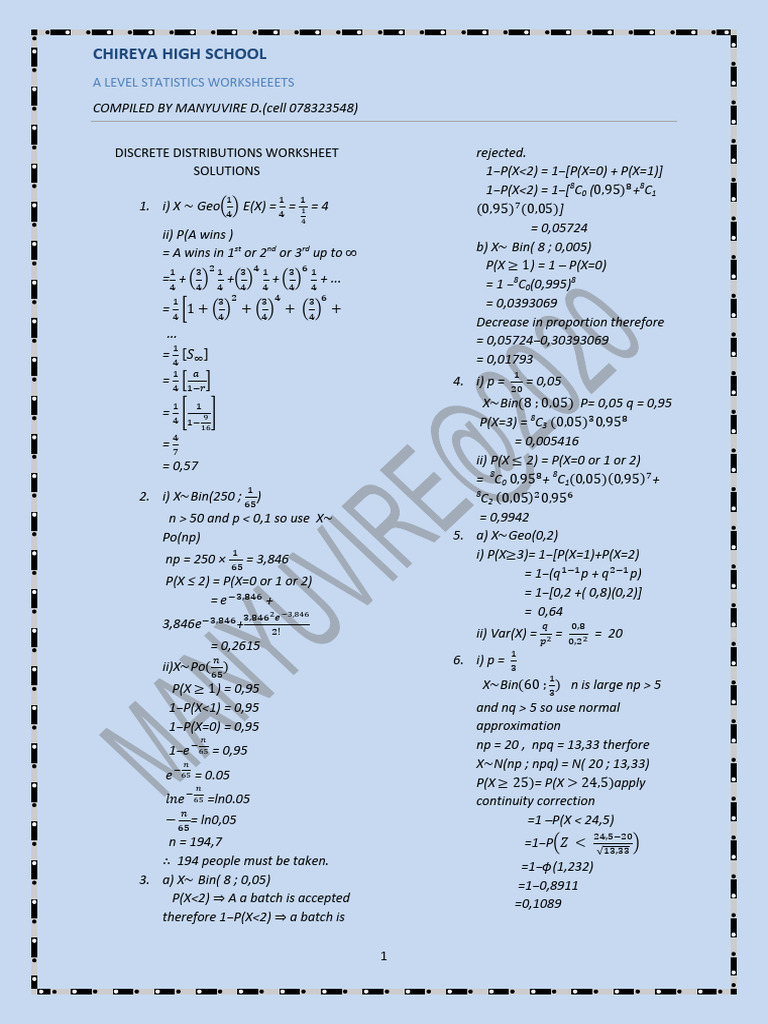 A Level Statistics Worksheets Guide | PDF | Probability Theory ...