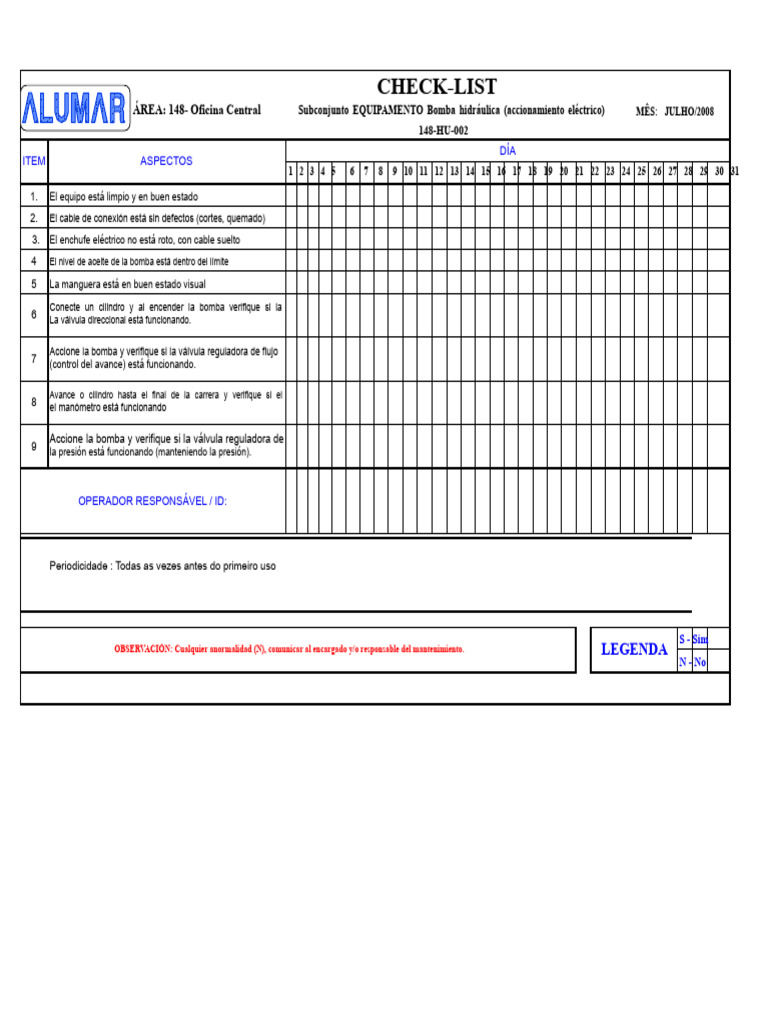 Checklist de Mantenimiento Bomba Hidráulica | PDF