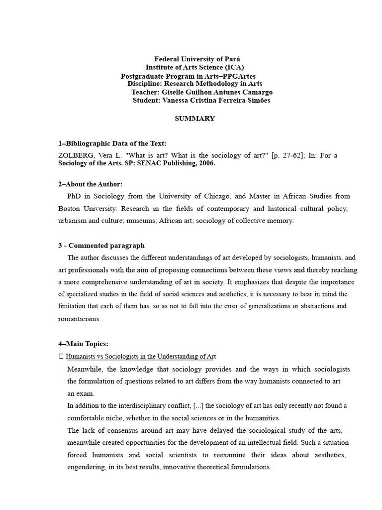 ZOLBERG_For a Sociology of the Arts | PDF | Sociology | Social Sciences