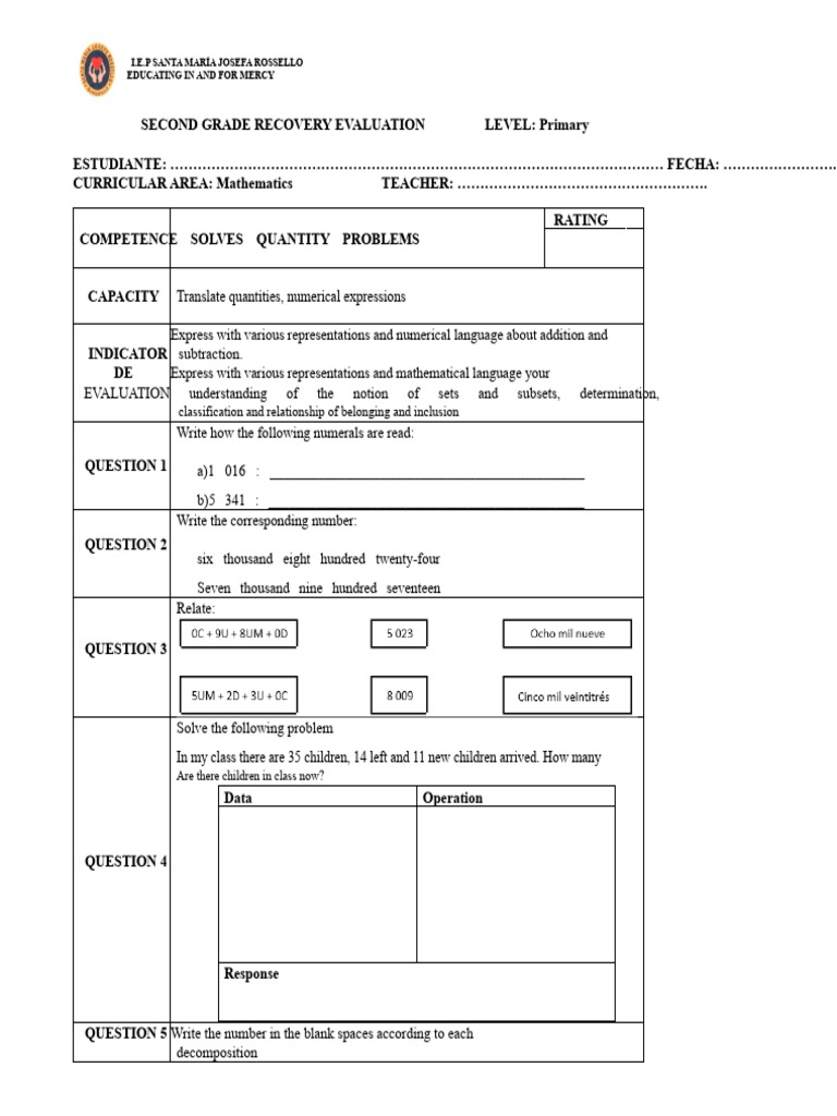 Recovery Assessment 2nd Grade | PDF | Mathematics | Subject (Grammar)